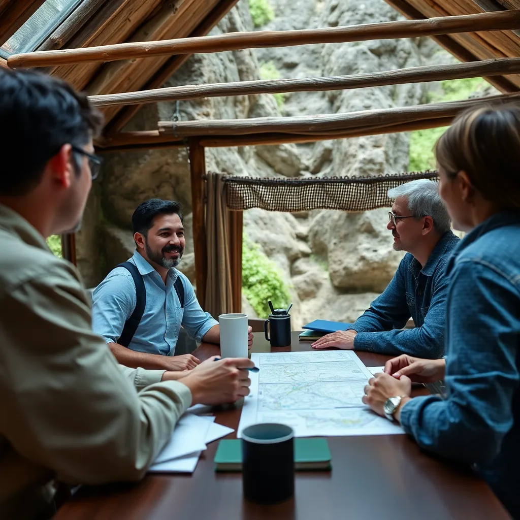 Customized tour planning session with travel experts and clients discussing itinerary