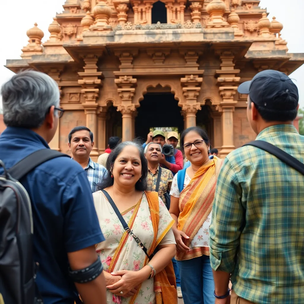 Stress-free family tour group enjoying Odisha temple visit with guide assistance